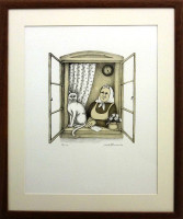 Iva Hüttnerová - Babička s kočičkou - grafika 